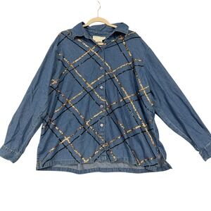 Delta Burke Shirt Womens 2X Blue Denim Sequin Argyle Button Embellished Top